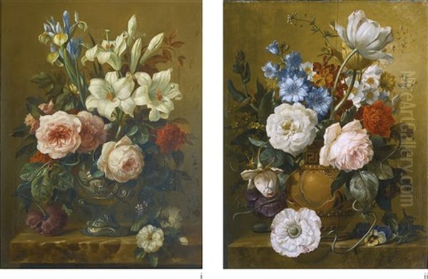 Two Still Lifes With Summer Flowers Oil Painting by Georgius Jacobus Johannes van Os