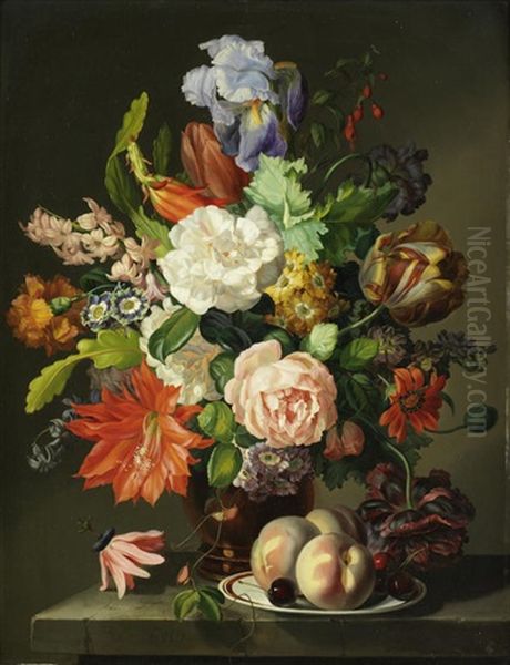 Still Life Of Flowers, Grapes And Figs; And Still Life Of Flowers, Peaches And Cherries (pair) Oil Painting by Georgius Jacobus Johannes van Os