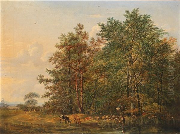 Herd Of Animals And Shepherd By A Woodland Pond by Georgius Jacobus Johannes van Os