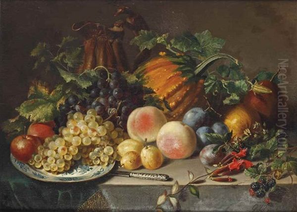 An Abundant Fruit Still Life With Grapes, Apples, Peaches, Prunes And A Pumpkin Oil Painting by Georgius Jacobus Johannes van Os