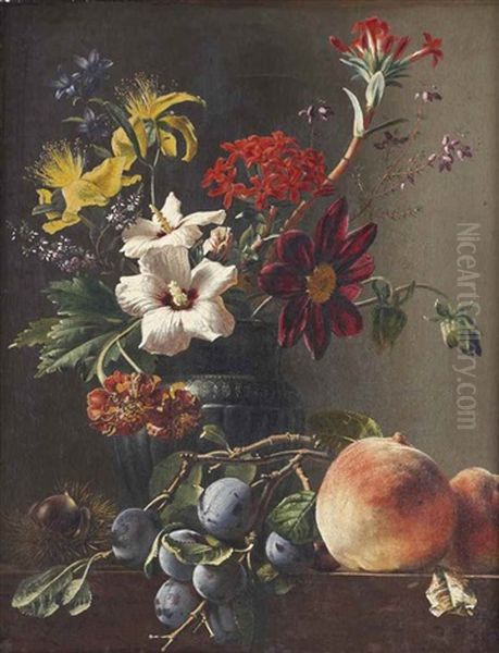 Bellflowers, Dahlias, Hypericum And Other Flowers In A Vase, With A Chestnut, Prunes And Peaches On A Ledge Oil Painting by Georgius Jacobus Johannes van Os