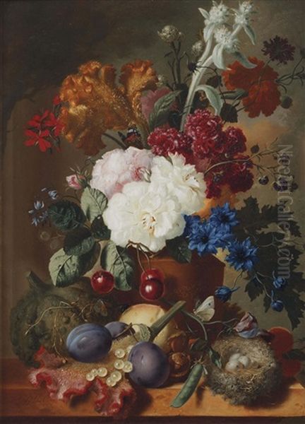 An Exuberant Flower Still Life With Roses, An Orange And Red Velvet Flower And Various Other Flowers In A Vase, Cherries, Plumps, Butterflies And A Nest With Eggs, All On A Marble Ledge Oil Painting by Georgius Jacobus Johannes van Os