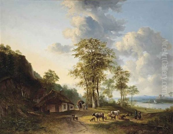 An Extensive River Landscape With Farmers And Cattle Oil Painting by Georgius Jacobus Johannes van Os