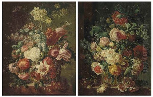 Roses, Parrot Tulips, Narcissi And Other Flowers In A Basket On A Stone Ledge (+ Roses, Morning Glory, Carnations And Other Flowers In A Basket On...; Pair) Oil Painting by Georgius Jacobus Johannes van Os