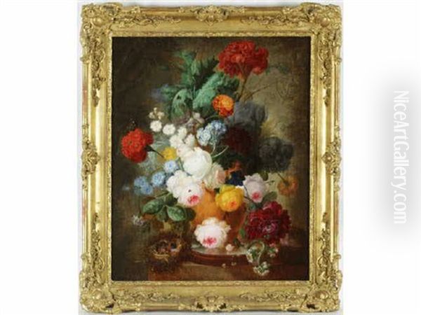 Nature Morte Au Bouquet De Fleurs, Oisillons, Papillon Et Insectes Sur Un Entablement Oil Painting by Georgius Jacobus Johannes van Os