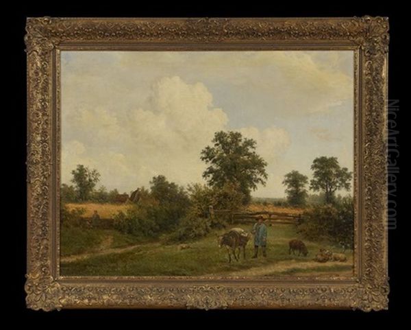 A Pastoral Landscape With A Herder, Donkey And Sheep Grazing, A Woman And Child Working The Fields Beyond Oil Painting by Georgius Jacobus Johannes van Os