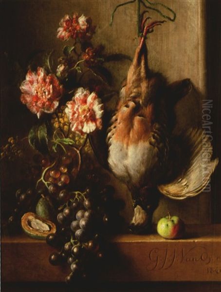 Nature Morte De Fruits, De Fleurs Et Oiseau Oil Painting by Georgius Jacobus Johannes van Os