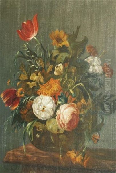 Still Life With Roses, Carnations, Tulips And Other Flowers On A Ledge Oil Painting by Georgius Jacobus Johannes van Os