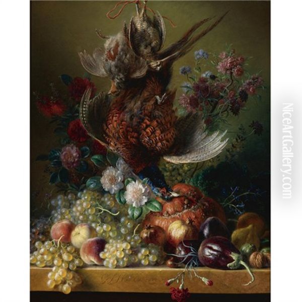 Still Life Of Flowers And Fruit With A Bird Oil Painting by Georgius Jacobus Johannes van Os