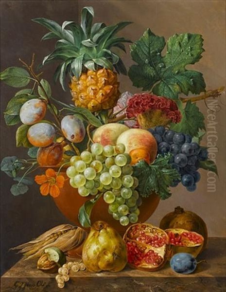 A Still Life With Mixed Fruit And Flowers On A Ledge Oil Painting by Georgius Jacobus Johannes van Os