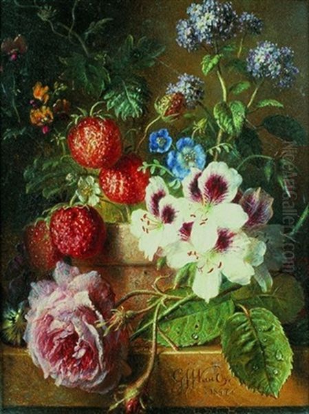 Nature Morte De Fleurs Et De Fraises Sur Un Entablement De Marbre Oil Painting by Georgius Jacobus Johannes van Os