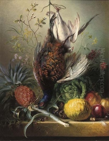 Game, Fruits, Flowers And A Hunting-horn On A Ledge Oil Painting by Georgius Jacobus Johannes van Os