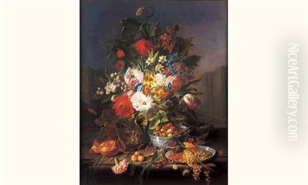 Nature Morte Aux Vases De Fleurs, Nid D'oiseaux Et Fruits Dans Des Coupes En Porcelaine De Chine Oil Painting by Georgius Jacobus Johannes van Os