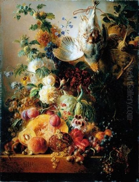 A Still Life Of Fruit Including Melons, Grapes, A Pomegranate, Plums And Peaches, Together With Nuts, Red Peppers, Flowers, A Snipe And A Partridge, All Upon A Ledge Oil Painting by Georgius Jacobus Johannes van Os