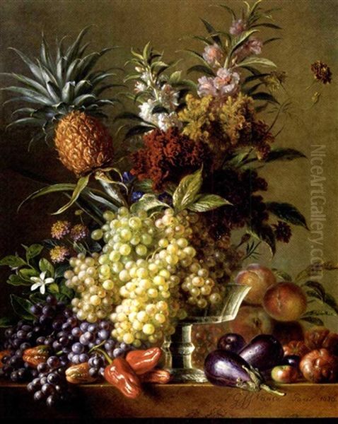 Fruits, Vegetables And Flowers On A Ledge Oil Painting by Georgius Jacobus Johannes van Os