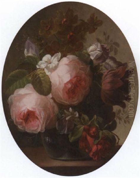 Roses, Jasmine, A Tulip And Other Flowers In A Glass Vase On A Ledge Oil Painting by Georgius Jacobus Johannes van Os