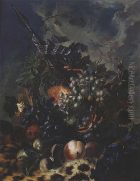 Nature Morte De Raisins, Peches Et Prunes Pres D'un Tambourin Disposes Sur Une Peau De Panthere Oil Painting by Georgius Jacobus Johannes van Os