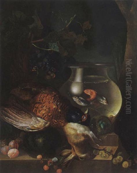 A Still Life Of A Fish Bowl, A Pheasant, A Hare And Fruits Oil Painting by Georgius Jacobus Johannes van Os