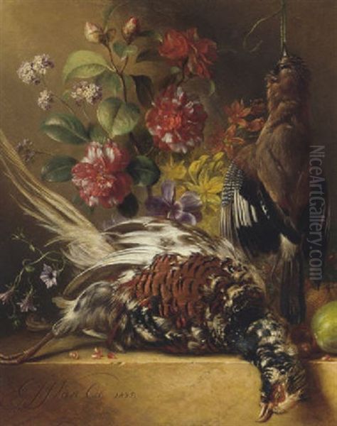 Dead Game, Morning Glory, Peonies, Narcissi, Roses And Other Flowers With Fruit And Nuts On A Ledge Oil Painting by Georgius Jacobus Johannes van Os