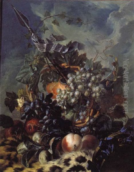 Nature Morte De Raisins, Peches Et Prunes Pres D'un Tambourin Disposes Sur Une Peau De Panthere Oil Painting by Georgius Jacobus Johannes van Os