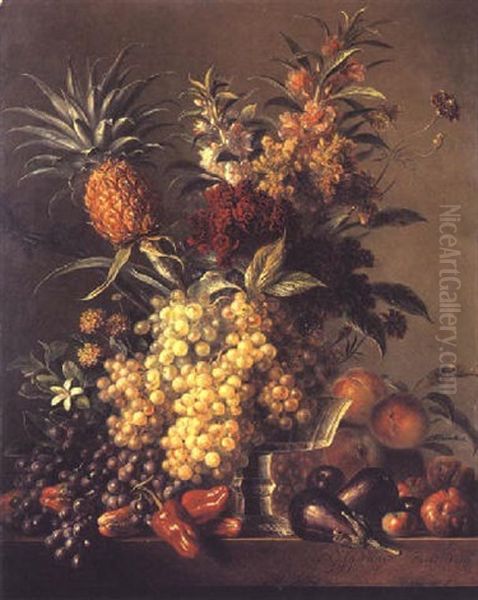 Still Life With Mixed Fruit, Flowers, Vegetables And A Glass Dish On A Marble Ledge Oil Painting by Georgius Jacobus Johannes van Os