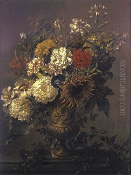 Still Life Of Mixed Flowers In An Urn, On A Ledge Oil Painting by Georgius Jacobus Johannes van Os