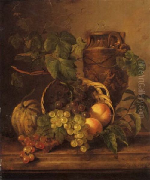 A Still Life With Peaches And Grapes In A Basket With An Urn Behind Oil Painting by Georgius Jacobus Johannes van Os