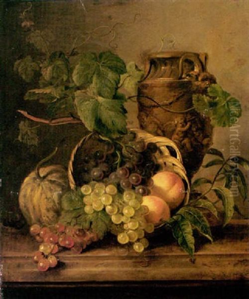 A Still Life With Peaches And Grapes In A Basket With An Urn Beyond Oil Painting by Georgius Jacobus Johannes van Os