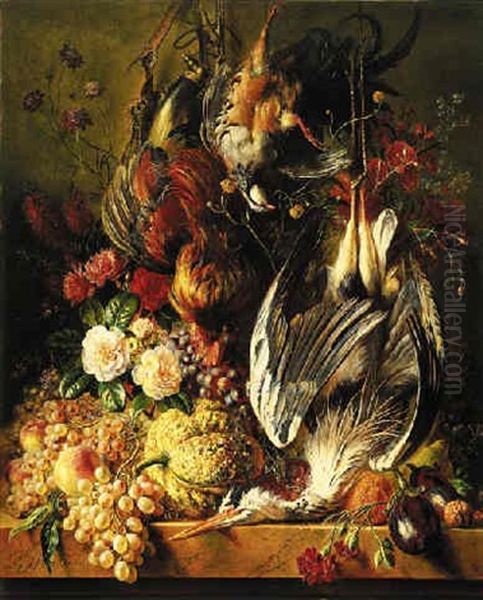 A Still Life Of A Heron, A Cockerel, A Partridge, Grapes, A Melon And Flowers On A Ledge Oil Painting by Georgius Jacobus Johannes van Os