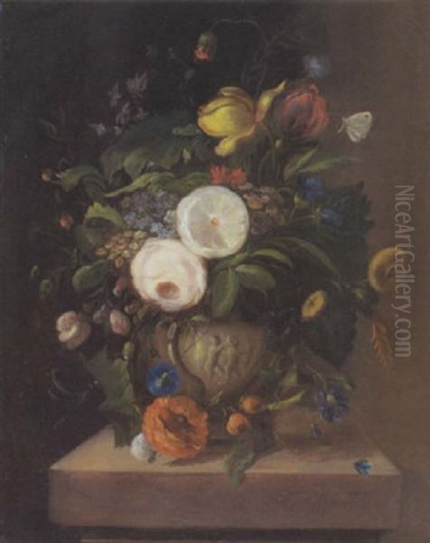 Blumenstilleben Mit Sommerblumen In Einer Vase, Die Auf Einem Steinsockel Steht Oil Painting by Georgius Jacobus Johannes van Os