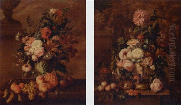 Roses, Carnations, Tulips And Other Flowers In An Urn With Fruit On A Ledge Oil Painting by Georgius Jacobus Johannes van Os