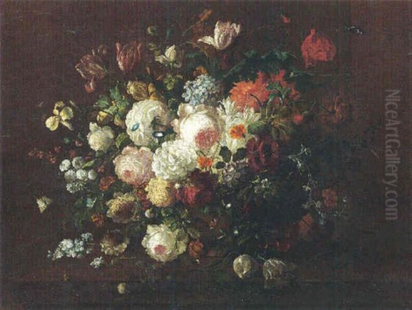 Still Life Of Roses, Irises, Tulips, Convulvuli, Gladioli And Other Flowers In An Urn, Upon A Stone Ledge Oil Painting by Georgius Jacobus Johannes van Os