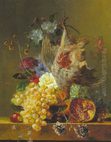 Stilleben Mit Fruchten, Blumen Und Einem Erlegten Rebhuhn In Einer Schale Auf Einem Marmortisch Oil Painting by Georgius Jacobus Johannes van Os