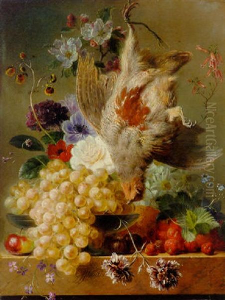 Grapes, Strawberries, Chestnuts, An Apple And Flowers With Game On A Marble Ledge Oil Painting by Georgius Jacobus Johannes van Os