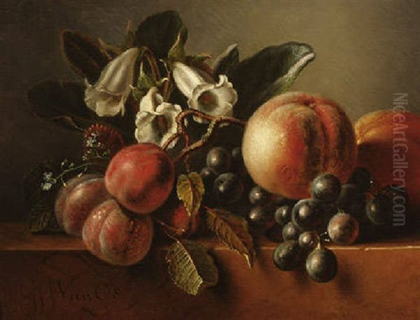 Fruchtestilleben - Pfirsiche, Weintrauben, Pflaumen Und Bluten Auf Einem Tisch Oil Painting by Georgius Jacobus Johannes van Os