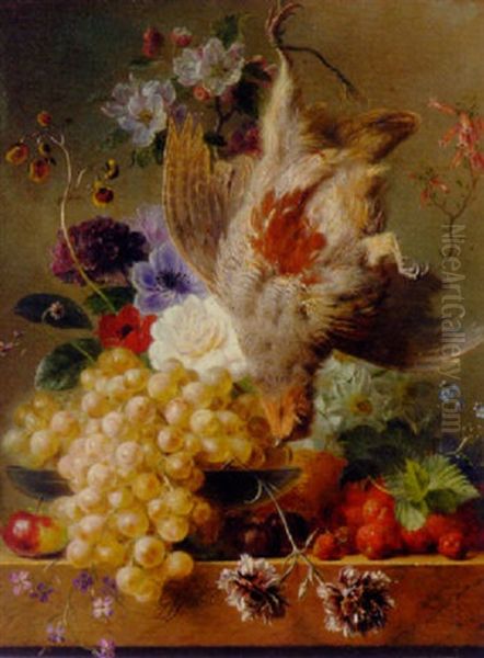 Grapes, Strawberries, Chestnuts, An Apple And Spring Flowers With Game On A Marble Ledge Oil Painting by Georgius Jacobus Johannes van Os