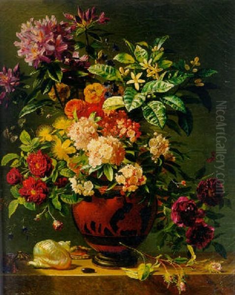 Kapitaal Bloemstuk: Flowers In A Greek Terracotta Vase With Shells On A Ledge Oil Painting by Georgius Jacobus Johannes van Os