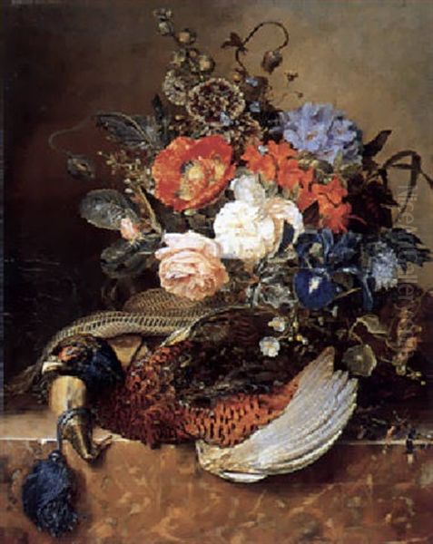 Stilleben Mit Blumenstraus Und Jagdfasan Oil Painting by Georgius Jacobus Johannes van Os