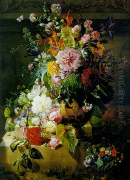 Still Life With Roses, Peonies And Other Flowers In A Greek Vase On A Stone Plinth Oil Painting by Georgius Jacobus Johannes van Os