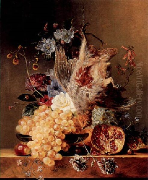 A Still Life With Fruit, Flowers And Poultry Oil Painting by Georgius Jacobus Johannes van Os