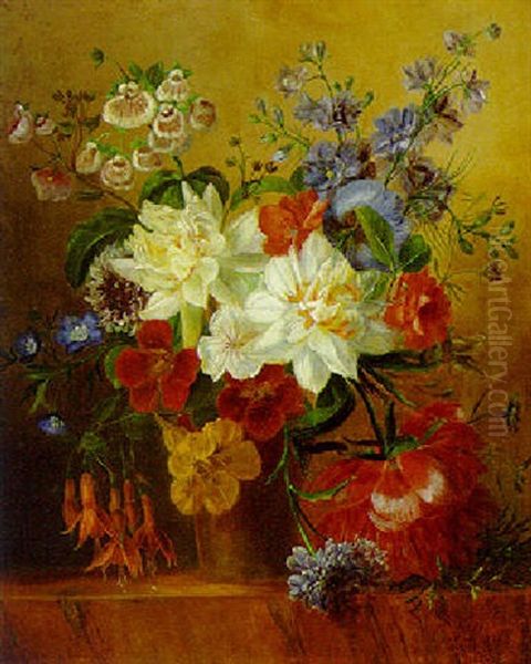 Narcissi, Larkspur, Nasturtiums And Other Flowers In A Vase Oil Painting by Georgius Jacobus Johannes van Os