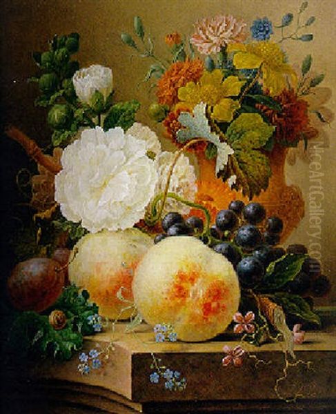 Nature Morte Au Bouquet De Fleurs Et Fruits Poses Sur Un Entablement Oil Painting by Georgius Jacobus Johannes van Os