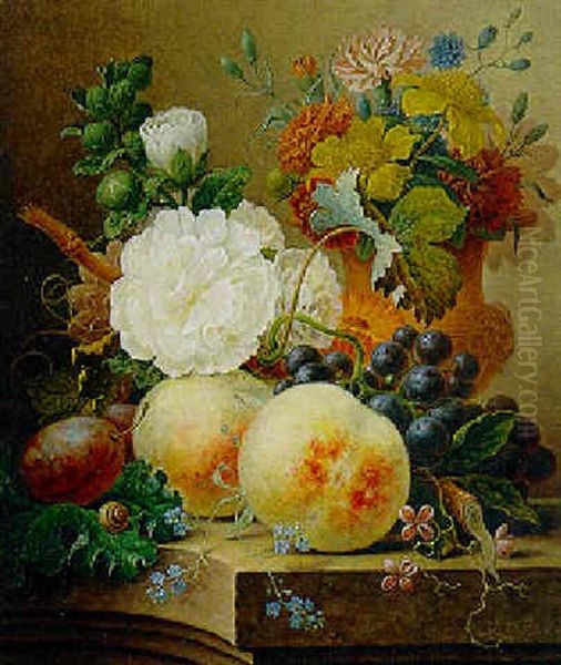 Nature Morte Au Bouquet De Fleurs Et Fruits Poses Sur Un Entablement Oil Painting by Georgius Jacobus Johannes van Os