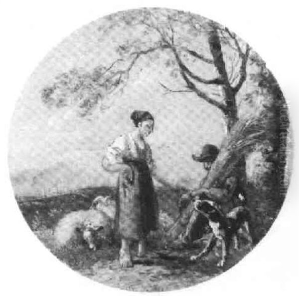 A Shepherdess Conversing With A Man Resting Beneath A Tree Holding Sheaves Of Wheat Oil Painting by Georgius Jacobus Johannes van Os