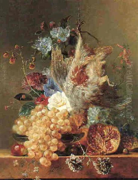 Still Life Of A Partidge Suspended Above A Stone Ledge With Flowers & Fruit Oil Painting by Georgius Jacobus Johannes van Os