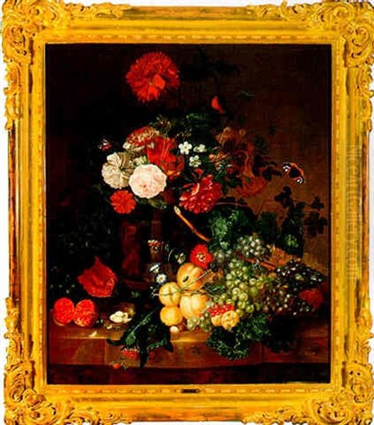 A Still Life Of Flowers In A Vase With Fruit And A Nest Of Birds Eggs Oil Painting by Georgius Jacobus Johannes van Os