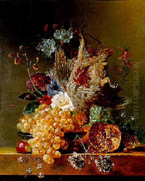 A Dead Partridge Hanging From A Rope, With Grapes, A Pomegranate And Flowers On A Marble Ledge Oil Painting by Georgius Jacobus Johannes van Os