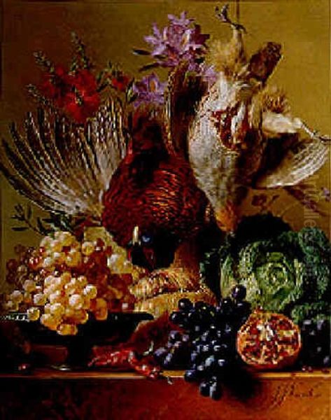 A Pheasant, A Partridge With Grapes, A Cabbage And Fruit And Flowers On A Ledge Oil Painting by Georgius Jacobus Johannes van Os