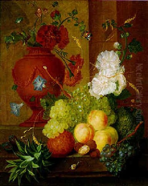 Still Life Of Peaches, Grapes, A Pineapple And Other Fruit With Flowers, Stalks Of Wheat, A Stone Urn And Other Objects On A Stone Ledge Oil Painting by Georgius Jacobus Johannes van Os