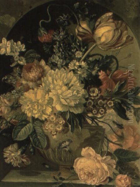 Mixed Flowers In An Urn On A Marble Ledge Oil Painting by Georgius Jacobus Johannes van Os